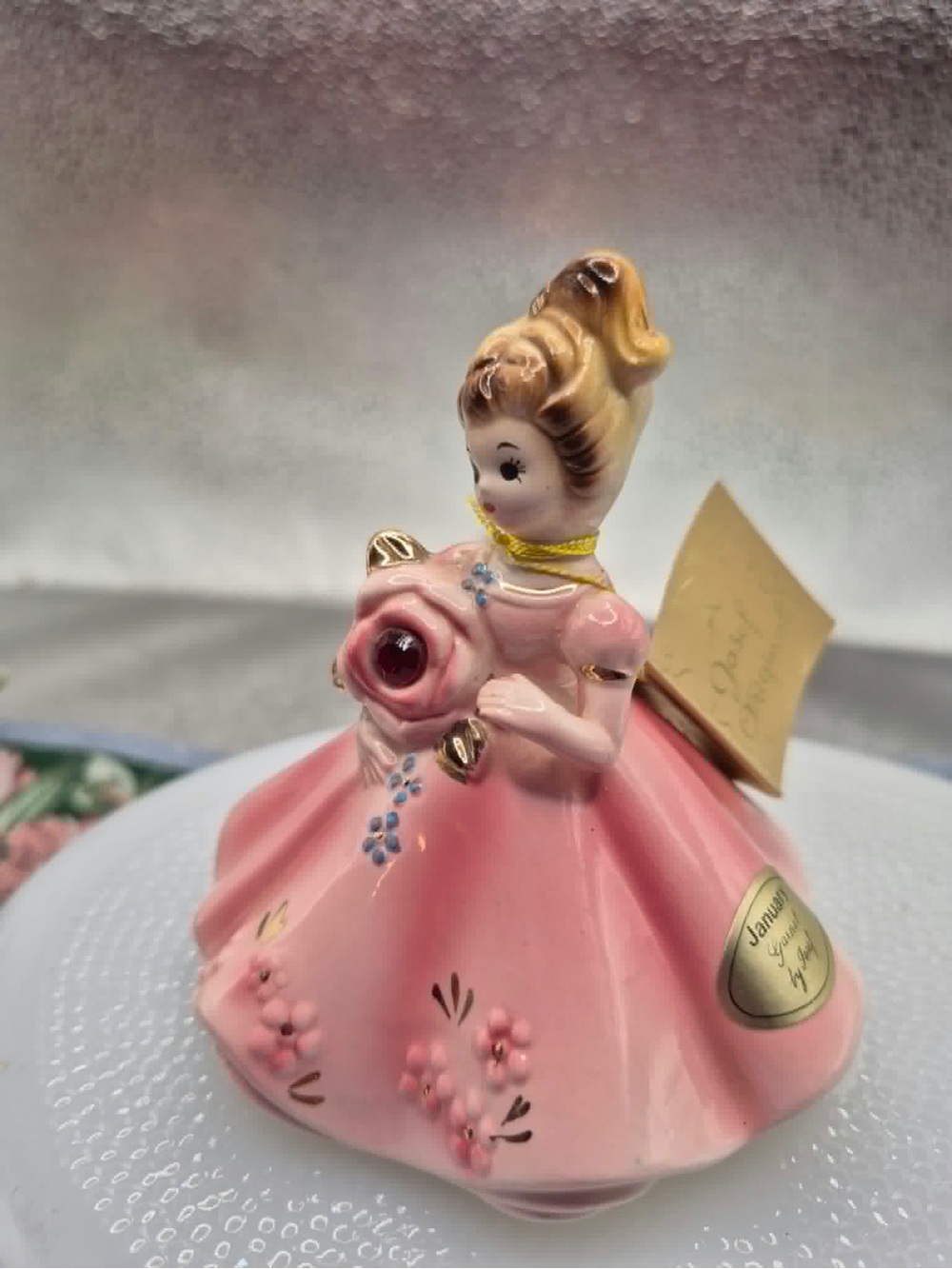 January Birthday Gift Music Box Garnet Birthstone Figure Vintage Josef Originals